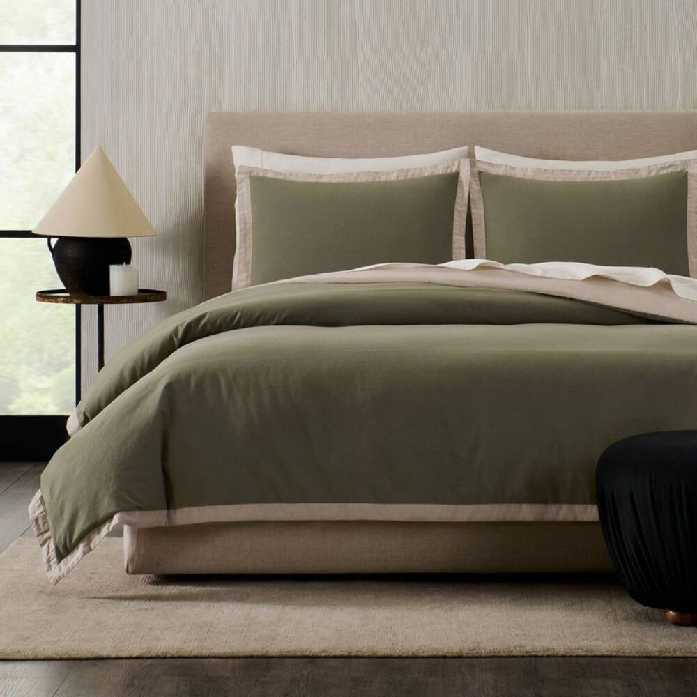 3pc Full/Queen Contrast Border Cotton Slub Reversible Duvet Set Green